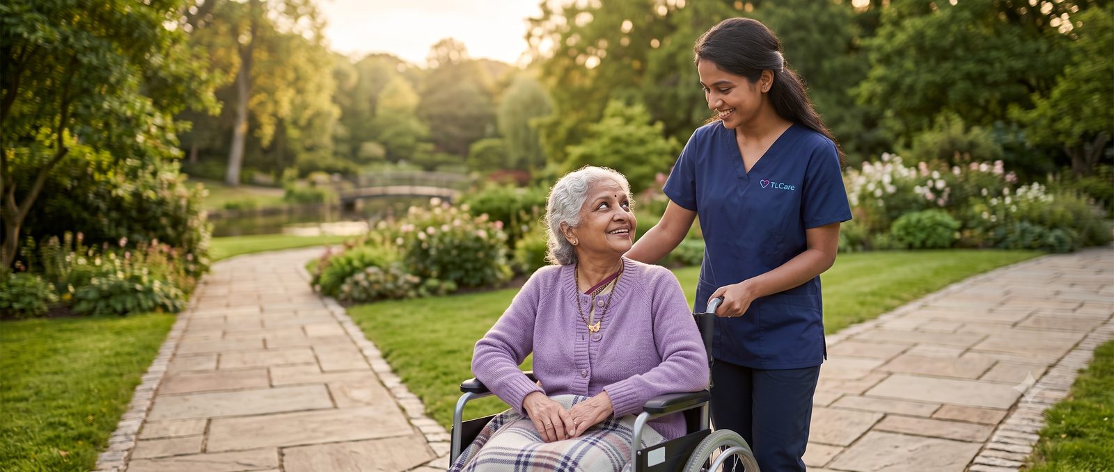 A TLC caregiver strolling through a garden with a smiling elderly woman in a wheelchair