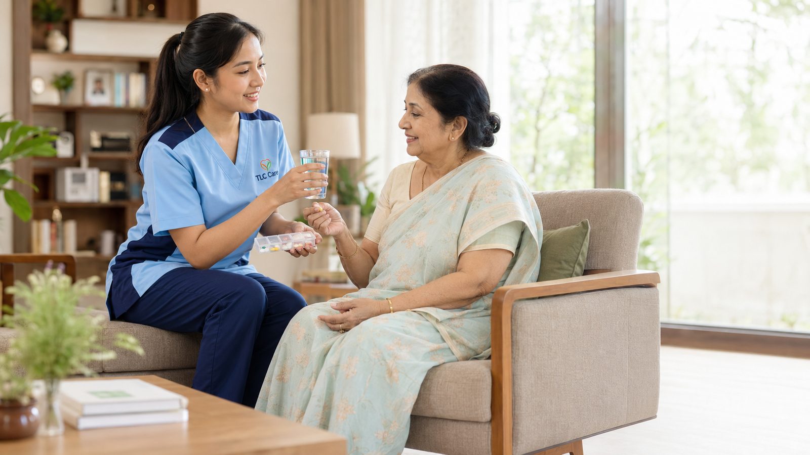 A TLC caregiver handing medication and a glass of water to a smiling elderly woman at home