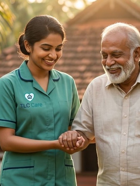 A TLC caregiver and an elderly man share a warm smile, hands joined, in a sunlit garden